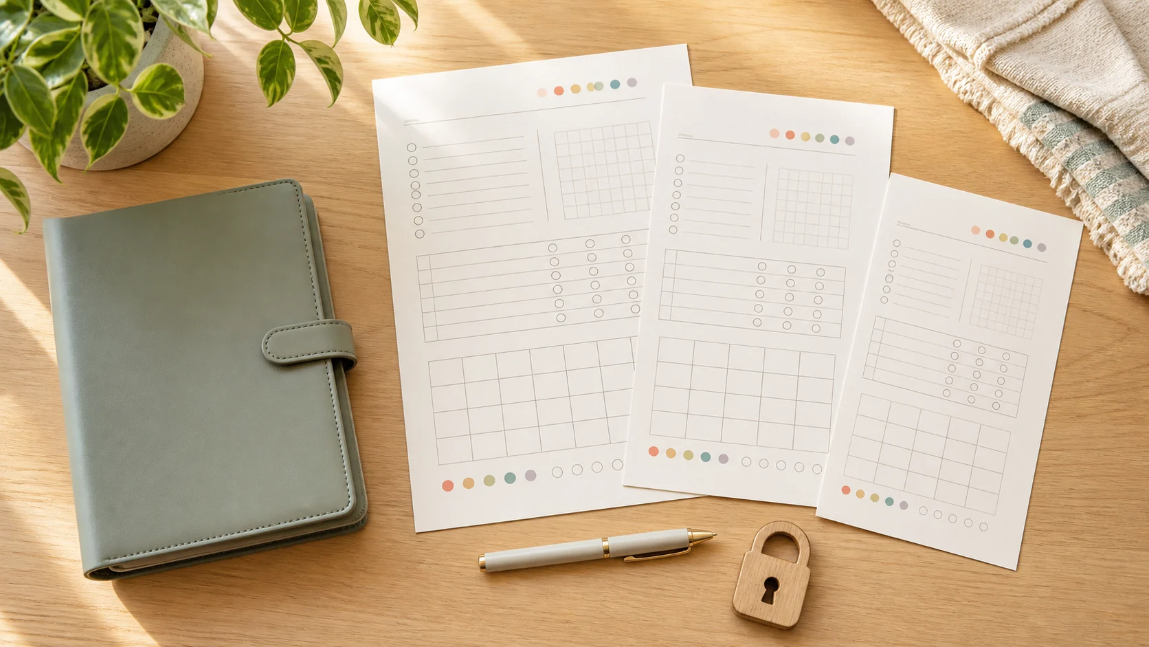 Blank wellness tracking pages in three paper sizes beside a binder and wooden lock