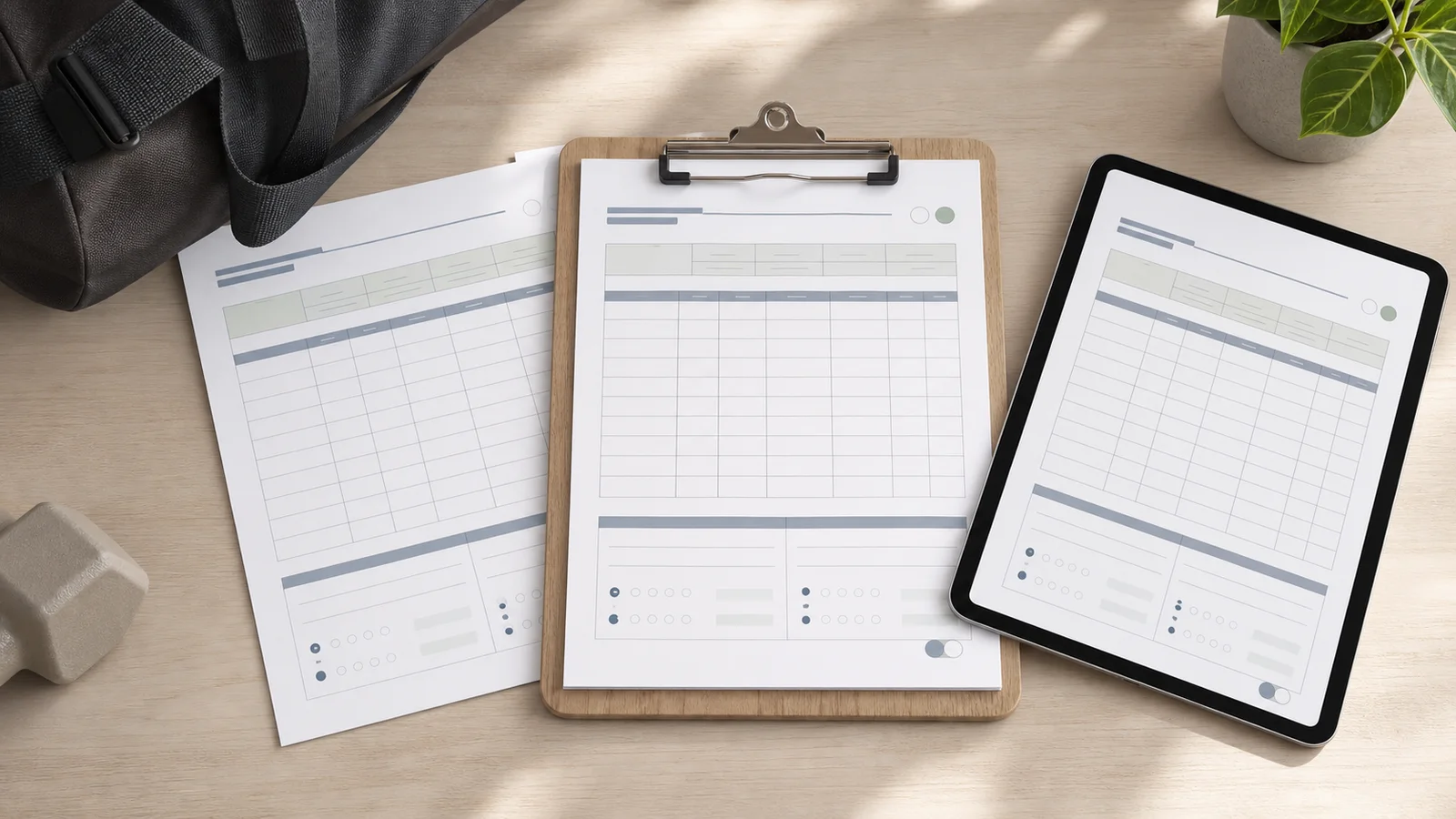 Workout log printable shown on A4 and Letter paper beside a tablet with a fillable PDF