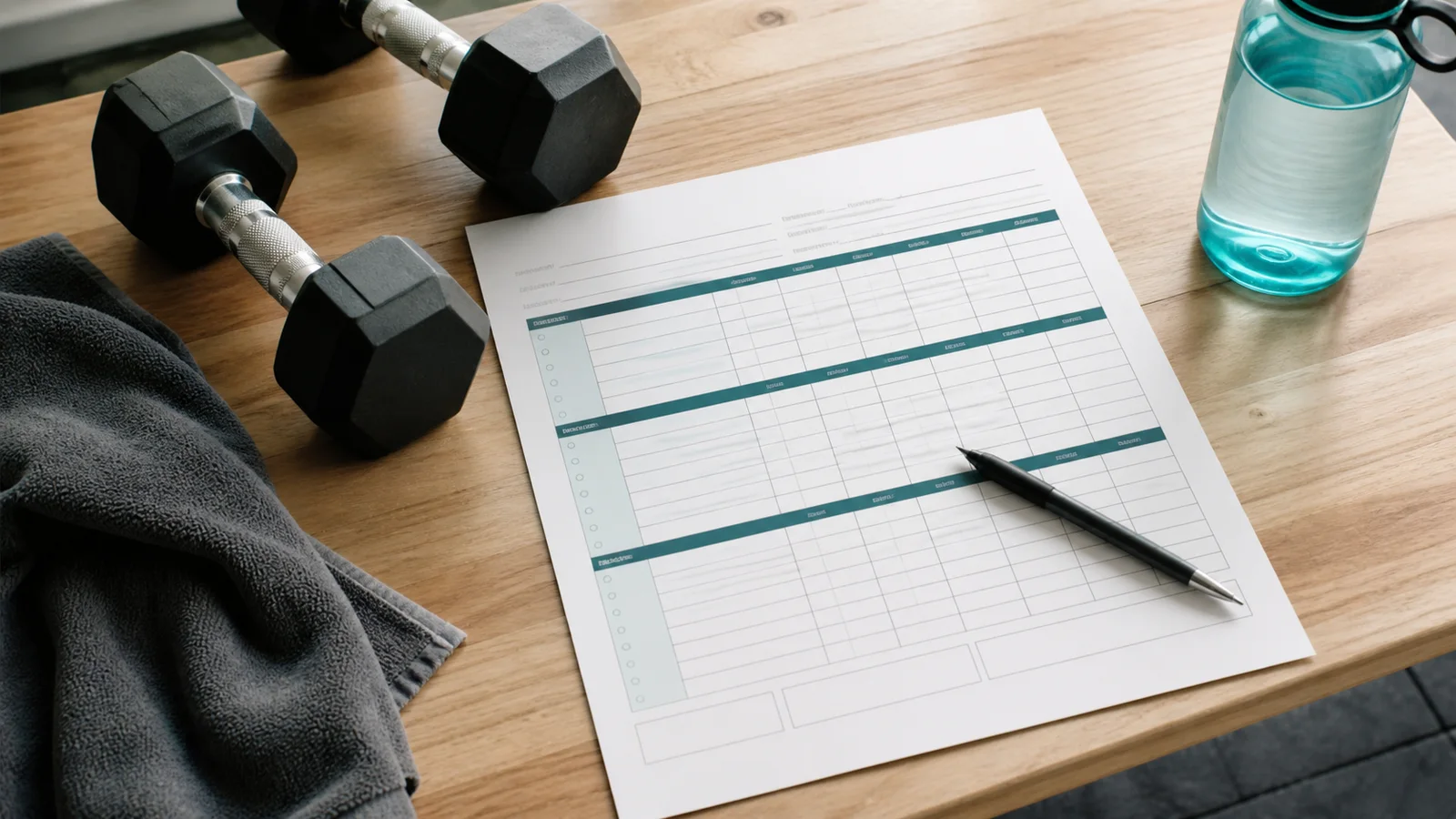 Workout log printable beside dumbbells, a pen and a water bottle on a wooden gym bench