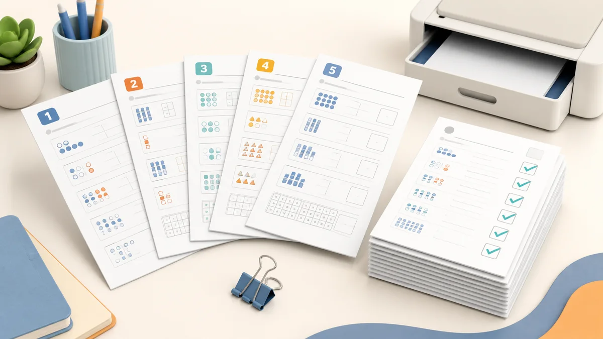Stack of different addition worksheets followed by answer pages
