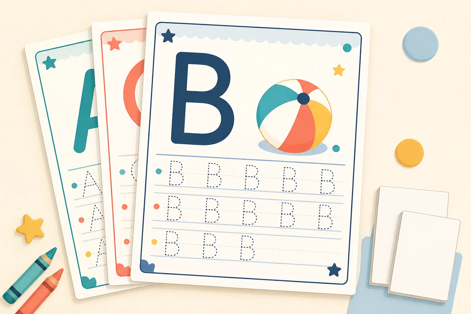 Original illustration of printable alphabet tracing pages with a picture word and dotted practice rows