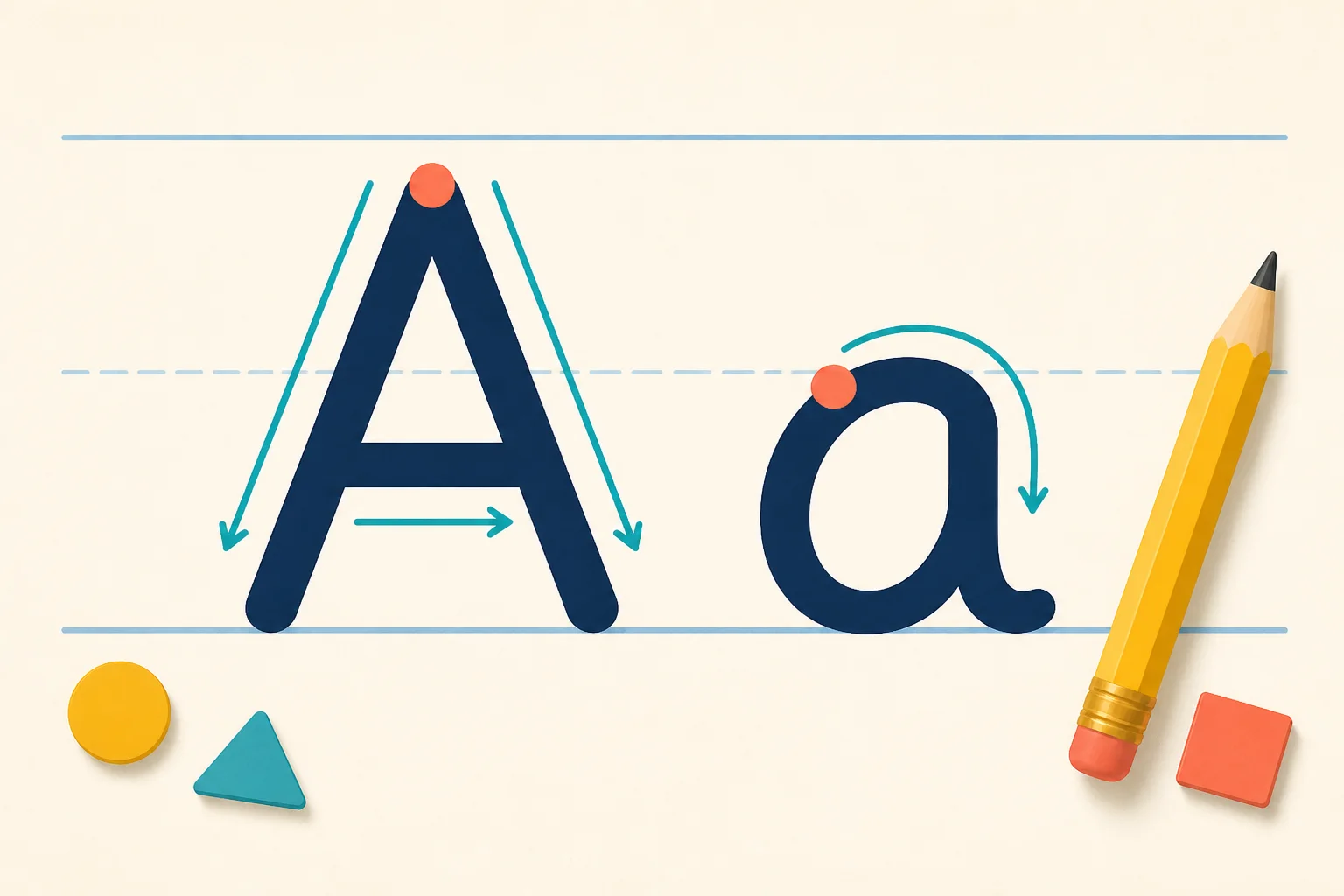 Original illustration of uppercase A and lowercase a with start dots and direction arrows