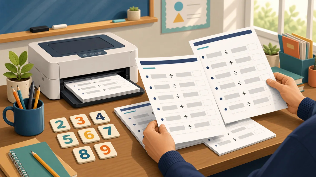 Teacher arranging a classroom batch of printable exact division worksheets beside one-digit number tiles