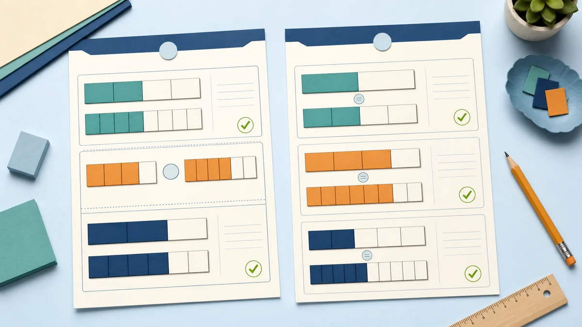 Equivalent fraction bars and checked answer pages arranged on a teacher desk