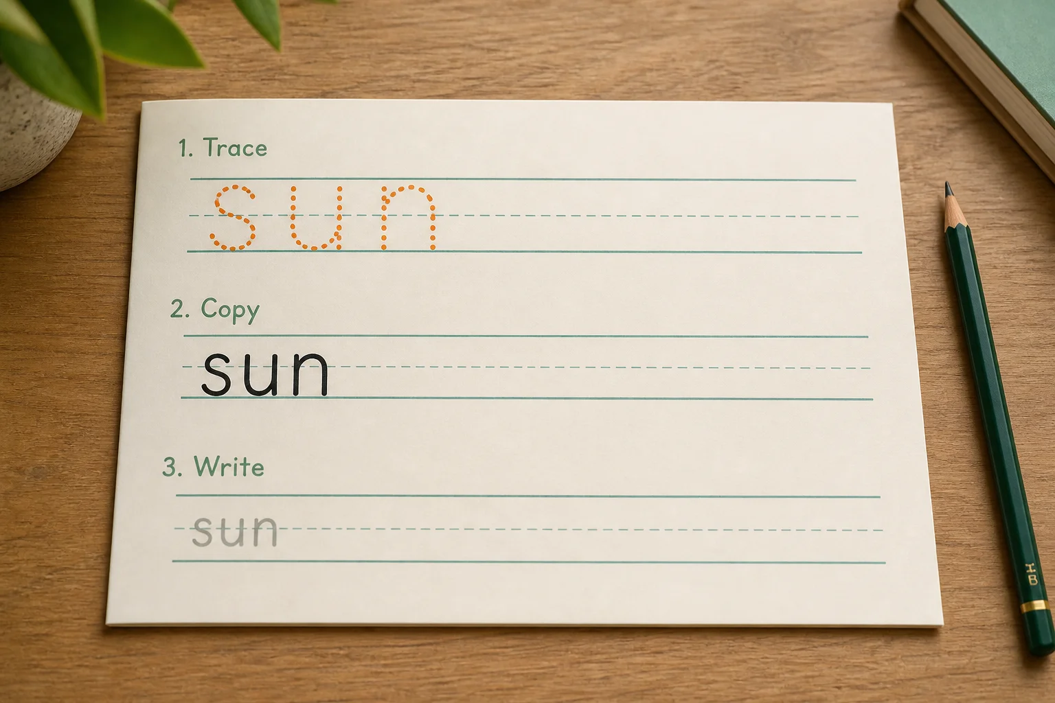 Illustration of the same word shown in trace, copy and write practice rows