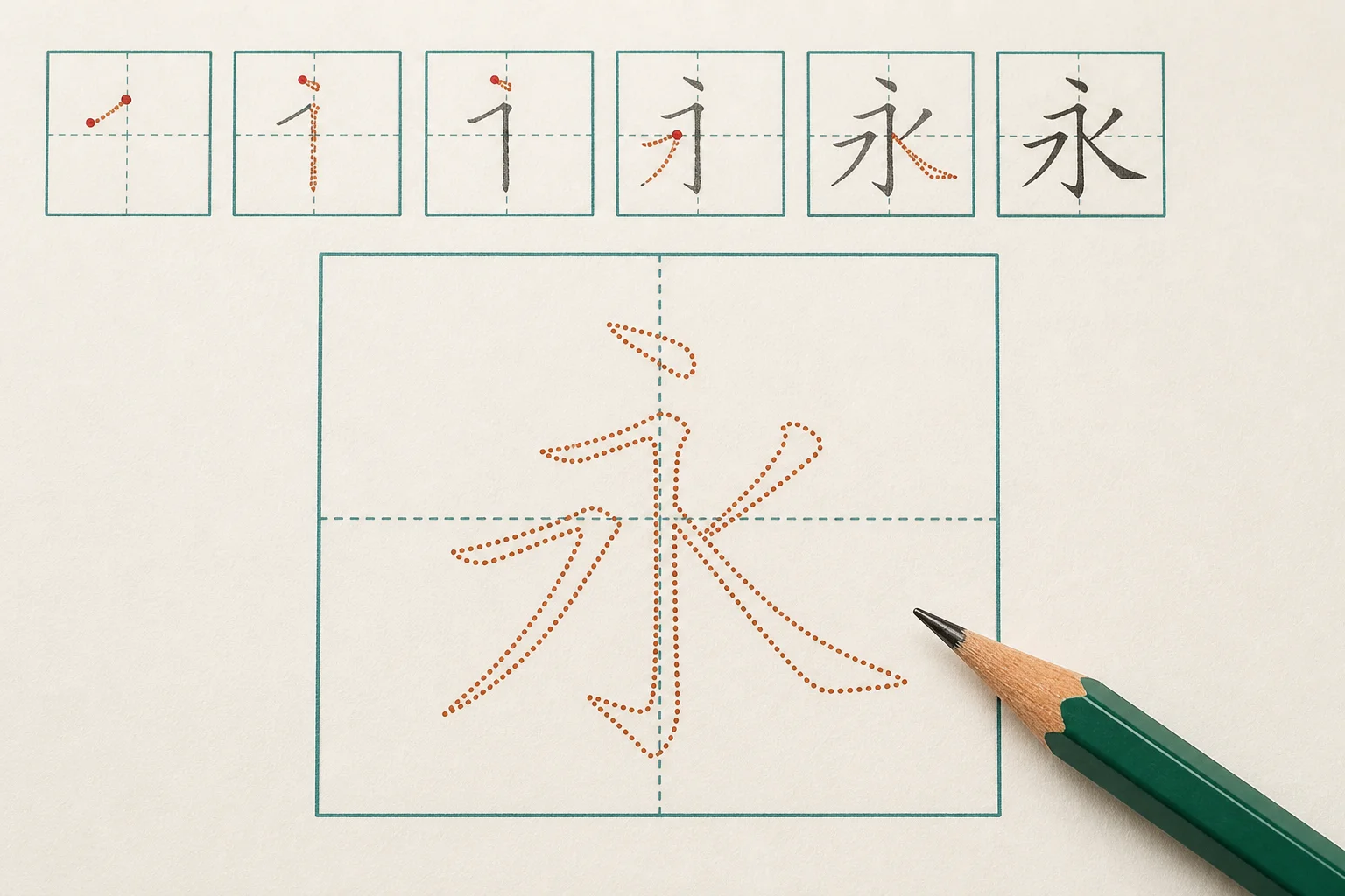 Chinese character stroke order diagram above Tian Zi Ge tracing grid