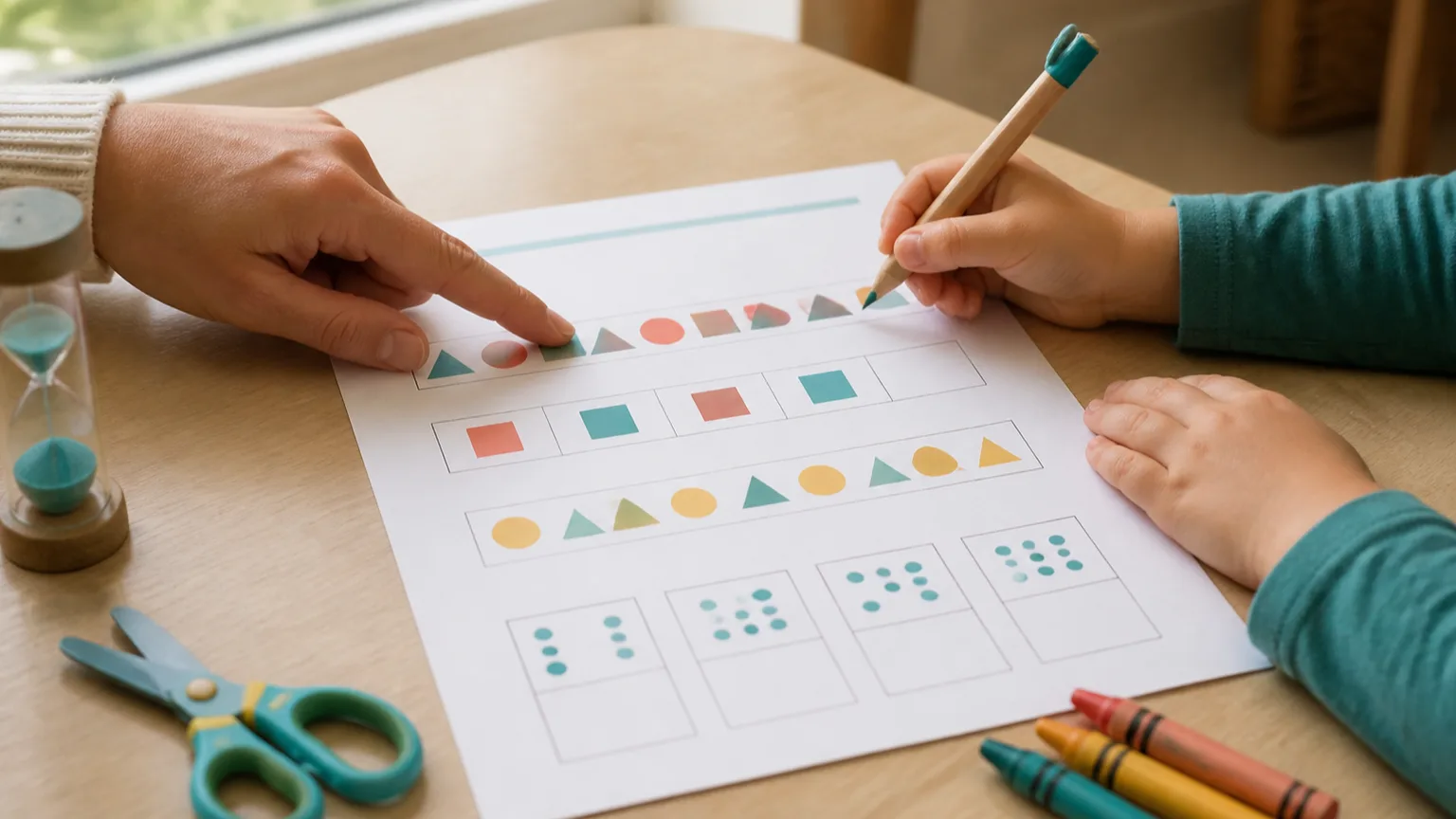 Adult guiding a short kindergarten pattern and counting worksheet session at a bright table