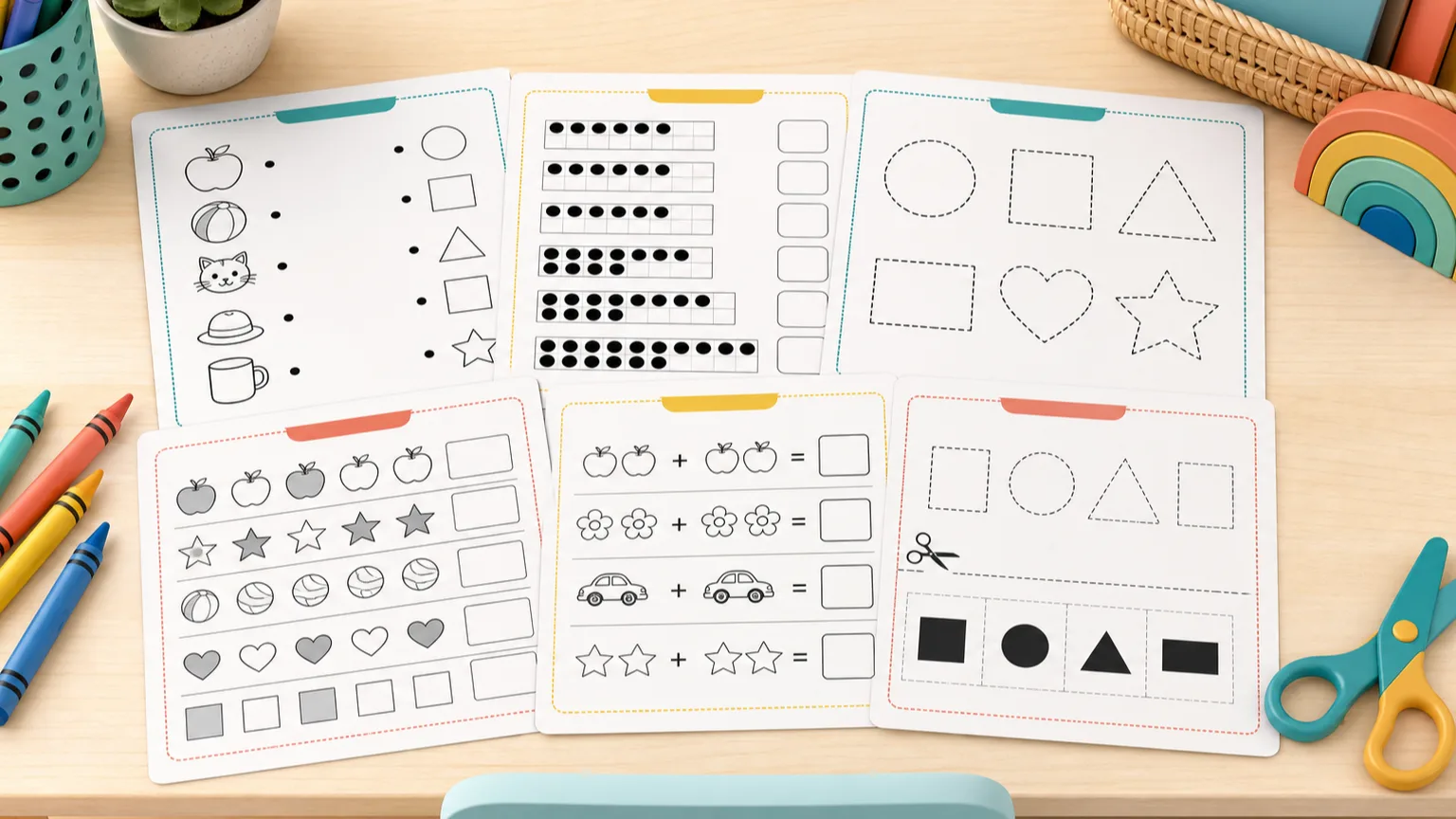 Kindergarten printable PDF worksheets for letter sounds, counting, shapes, patterns, picture addition and cutting
