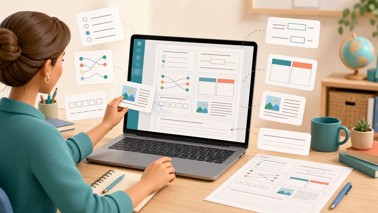 Teacher arranging multiple-choice, matching, sorting and reading blocks in a worksheet maker