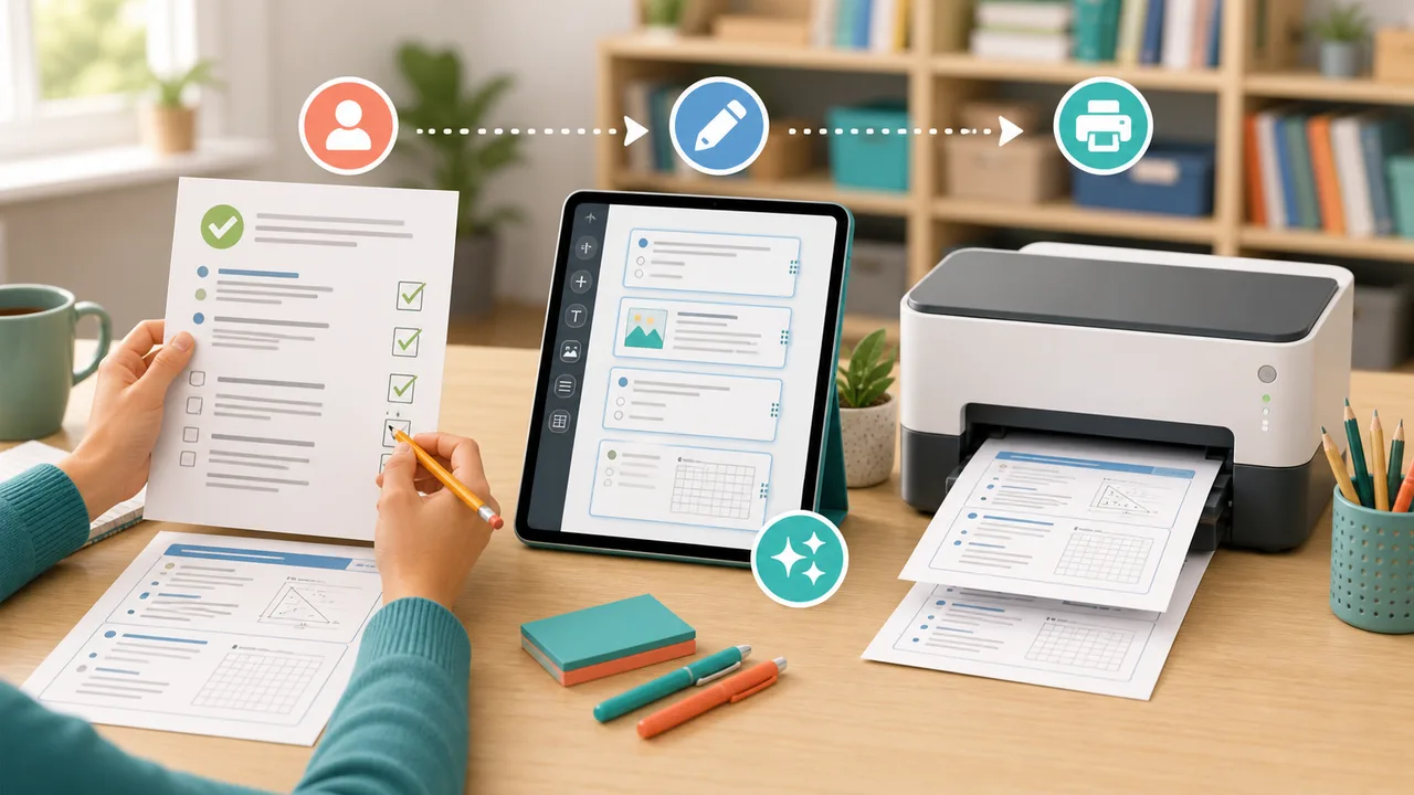 Teacher checking an editable answer key before printing worksheet pages