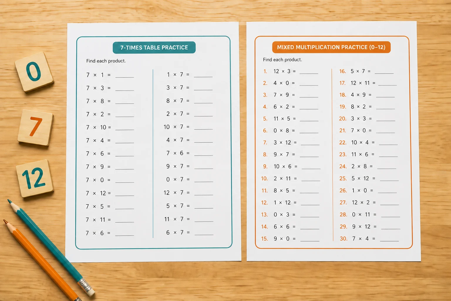 Single 7 times table worksheet beside a mixed 0 to 12 multiplication worksheet