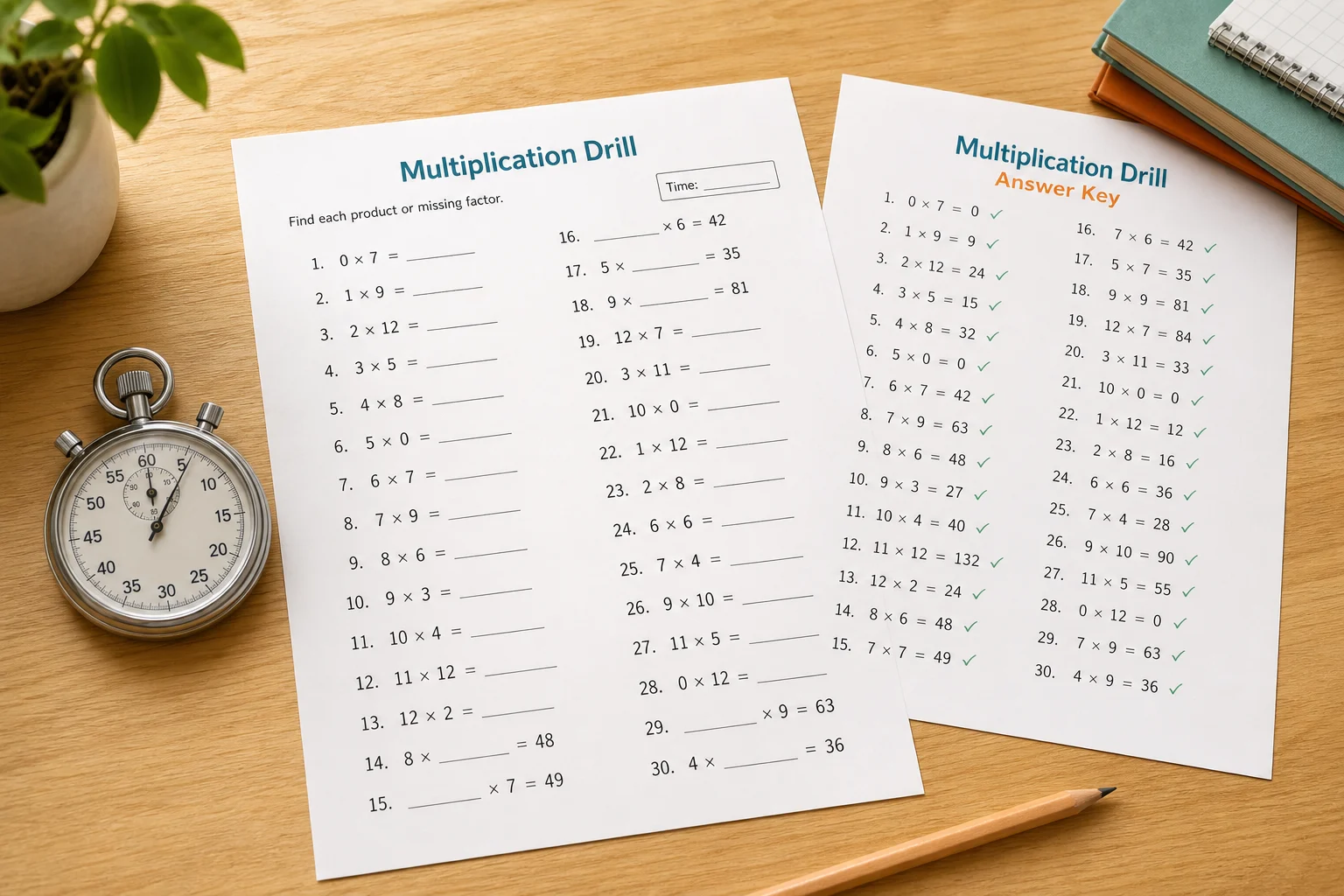 Timed multiplication drill with stopwatch and a matching checked answer key