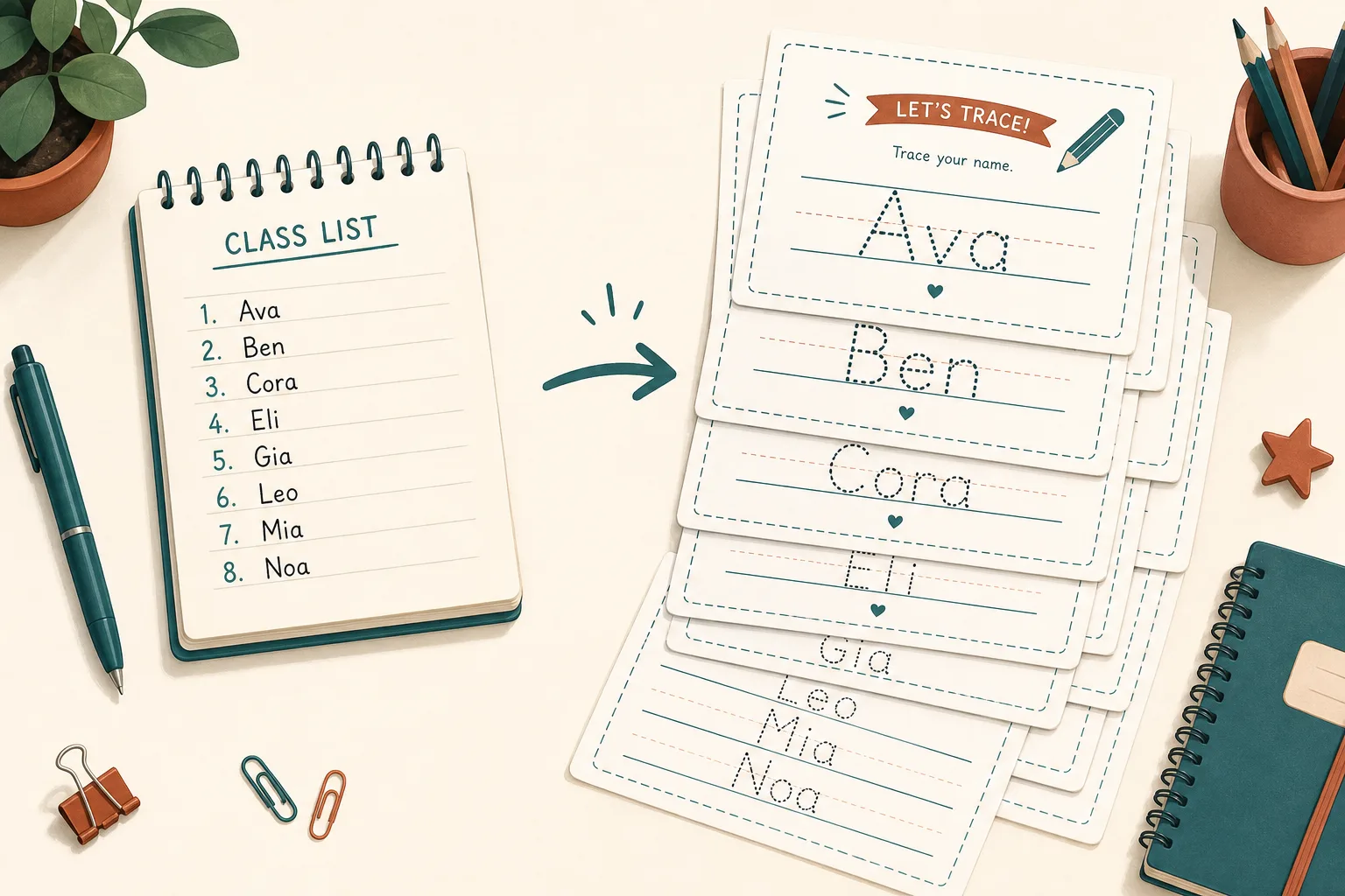 Illustration of a class list producing one worksheet page per child