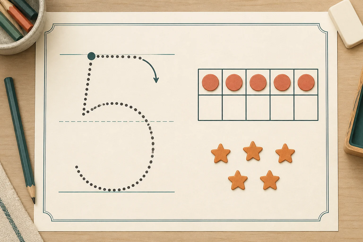 Number 5 formation model beside a ten frame and five counting stars