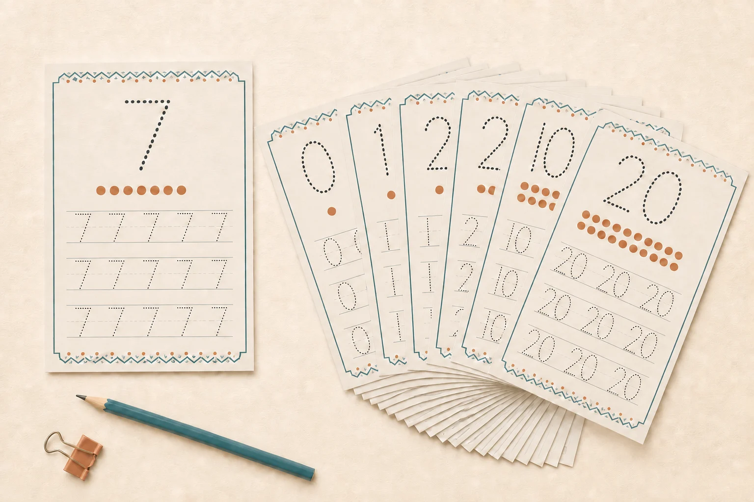 One number tracing page beside a complete stack of number worksheets