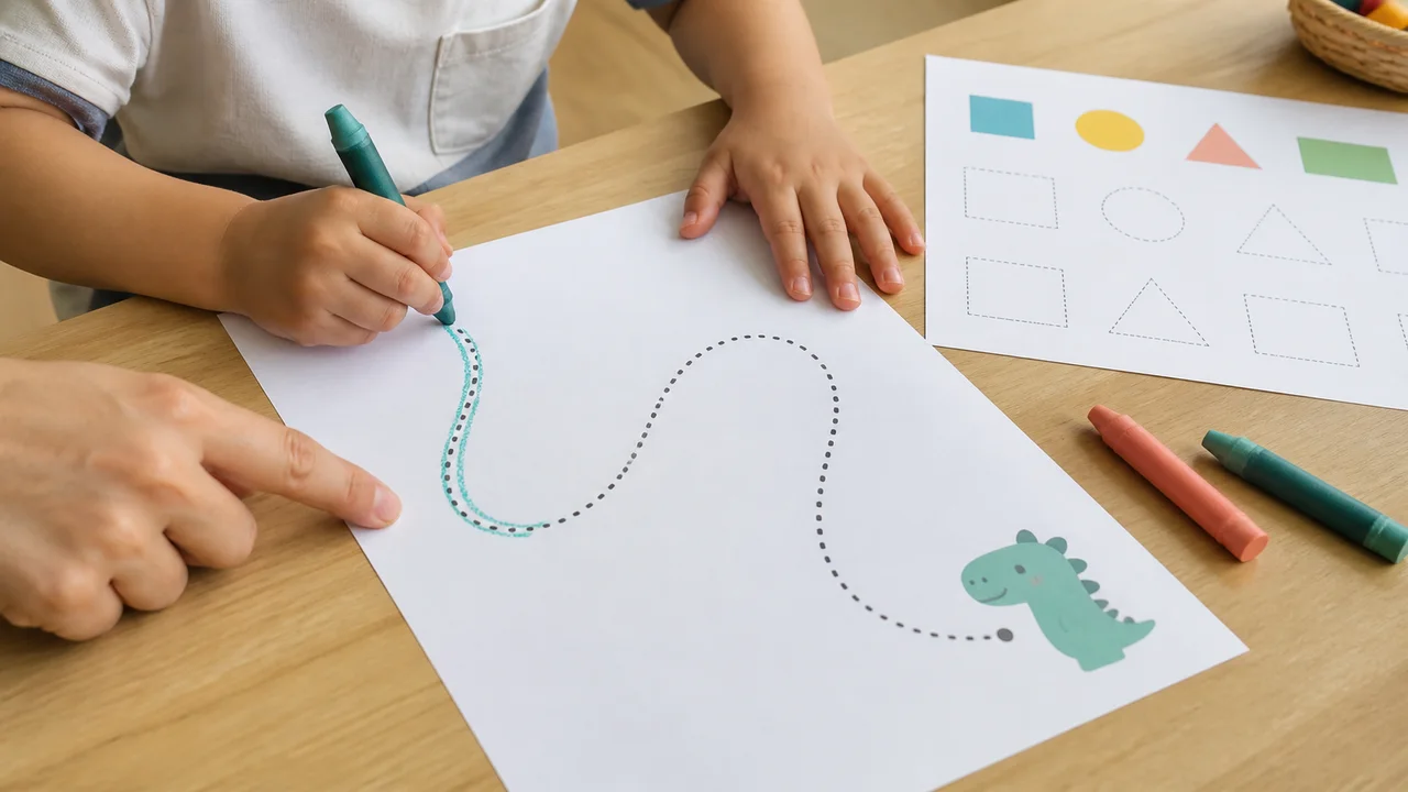 Child using a chunky crayon to follow a dotted preschool tracing path with gentle adult guidance