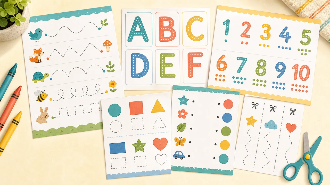 Original preschool printable worksheets showing tracing, letters, numbers, shapes, matching and cutting activities