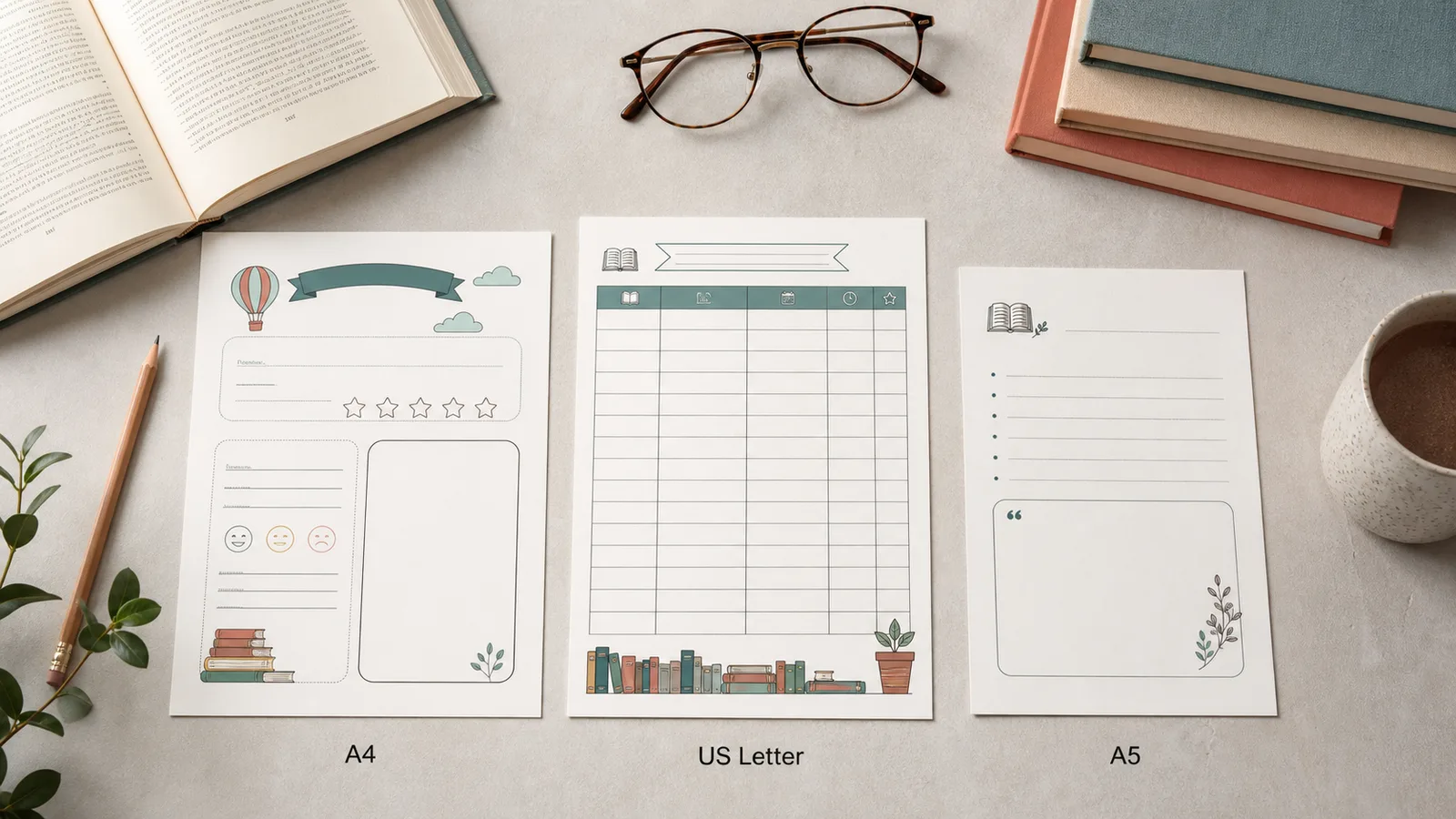 Child, classroom, and adult reading log layouts in A4, Letter, and A5 sizes