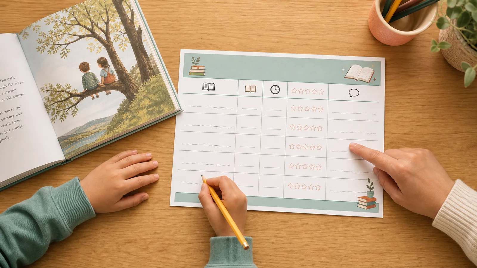 Child and adult using a reading log printable beside an open picture book