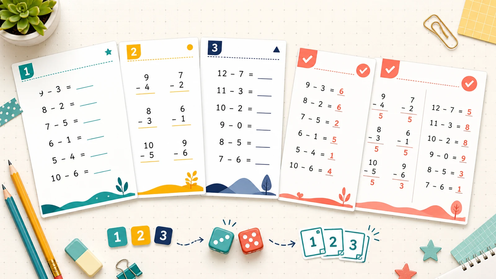 Different subtraction worksheets followed by matching checked answer pages