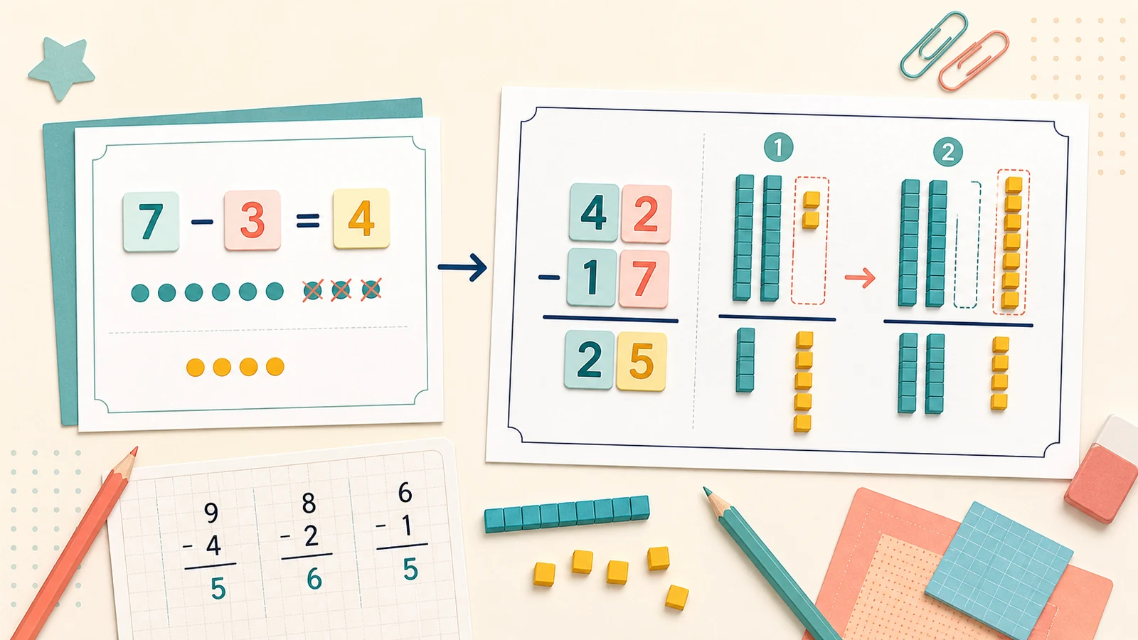 Subtraction practice progressing from facts within 10 to two-digit borrowing